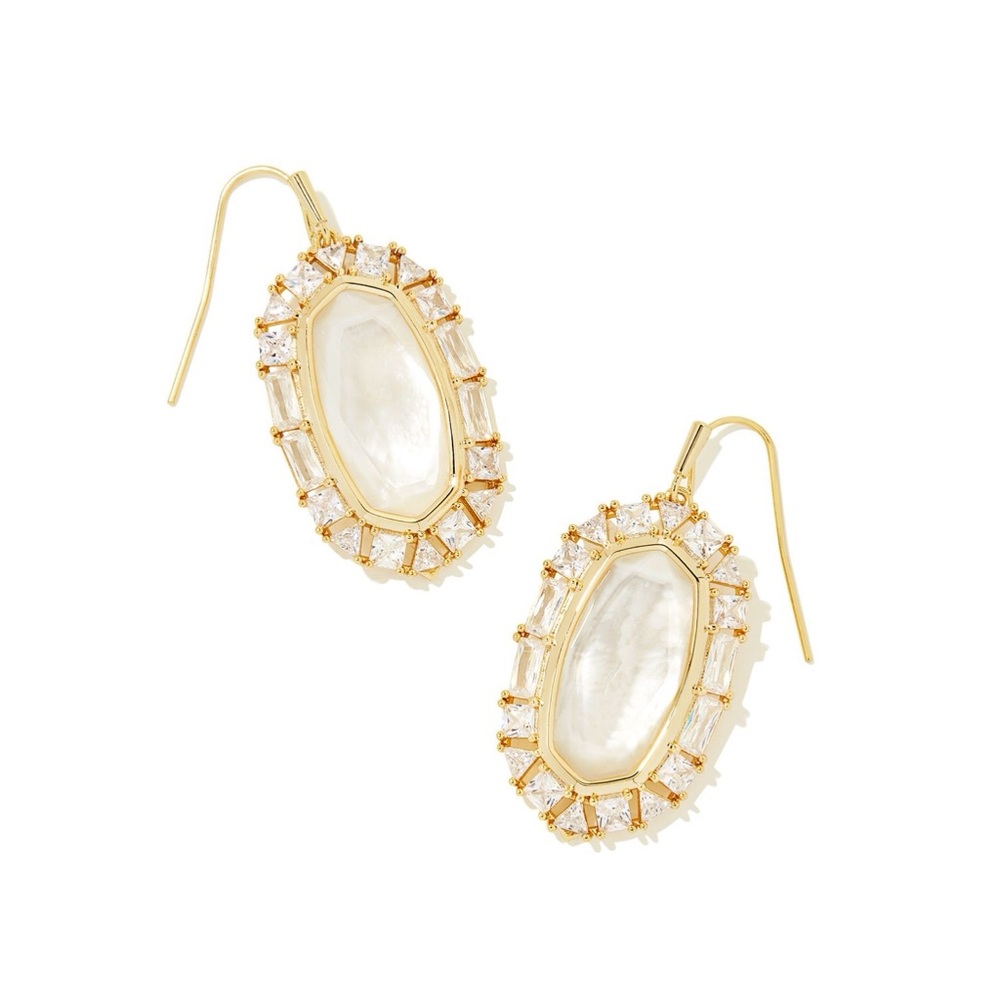 NWT Kendra Scott Elle Gold Crystal Frame Drop Earrings in Ivory Mother of Pearl
